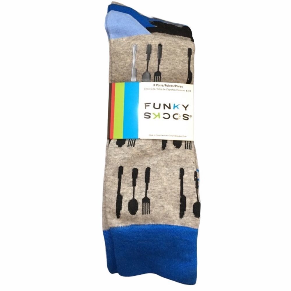 Funky Socks Silverware Socks, 3 Pack, Gray, Blue